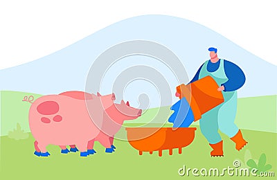 Young Man Feeding Pigs Putting Grain in Trough. Male Farmer Character at Work Process Caring of Domestic Animals Vector Illustration