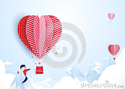 Young man finding love concept. Hot air balloons flying. Vector Illustration