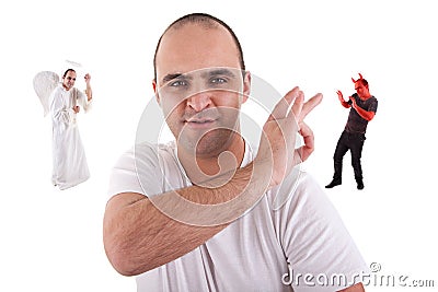 Young man with a finger removing the devin Stock Photo