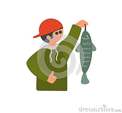 Young man fishman holding big fish. Lucky happy boy in red cap. Vector Illustration