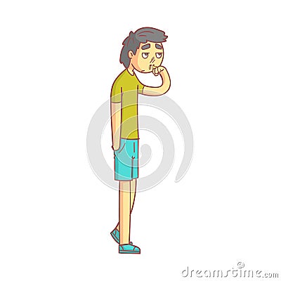 Young man with with a flu and running nose, mucus flowing from his nose. Colorful cartoon character Vector Illustration