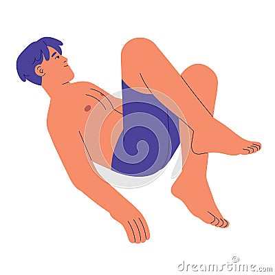 Young man fly in dream. Person lying in air, people rest in zero gravity. Boy relax, bent knees. Male floating in Vector Illustration