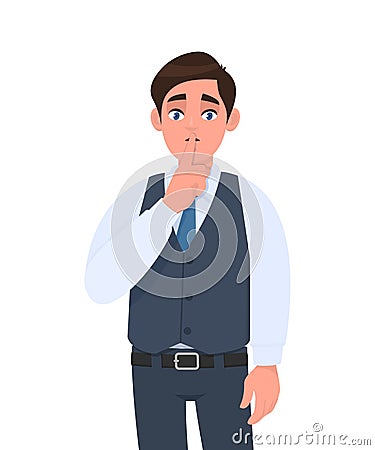 Young man in formal waistcoat asking silence. Sh! Keep quiet. Silence please! Male character design illustration. Human emotions. Vector Illustration