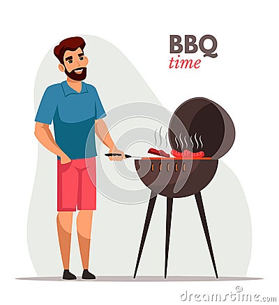 Young man frying barbecue flat color illustration Vector Illustration