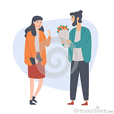 Young man gives a flovers to his girlfriend. Congratulation, celebration, love, relationship. Vector Illustration
