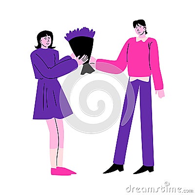 Young man giving bouquet of purple flowers to his smiling girlfriend Vector Illustration