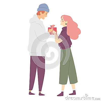 Young man giving a woman present box, girl receiving a gift from a boy. Vector Illustration