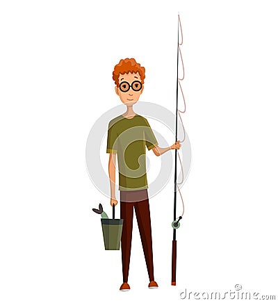 Young man with glasses, fishing rod and a bucket in his hands. Caught fish in a bucket. Successful fishing Vector Illustration