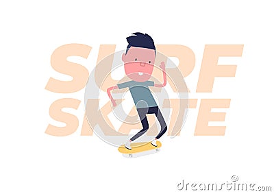 Young man go surfing with skateboard or surf skate. Funny cartoon character. Vector Illustration