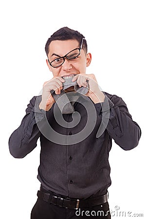 Young man in gray shirt isolated on white Stock Photo