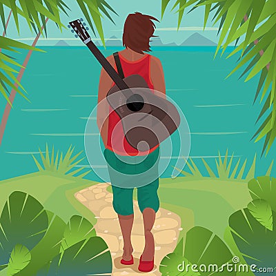 Young man with guitar on the island Vector Illustration