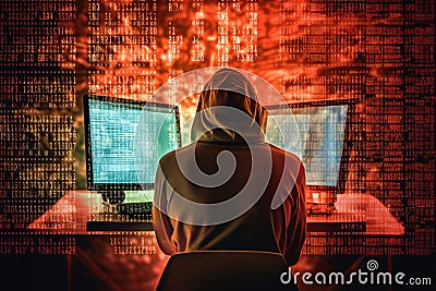 A young man hacker at a computer trying to crack the code, a computer attack on a server Stock Photo