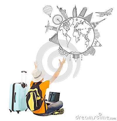 Young man is happy to watching his global travel plan Stock Photo