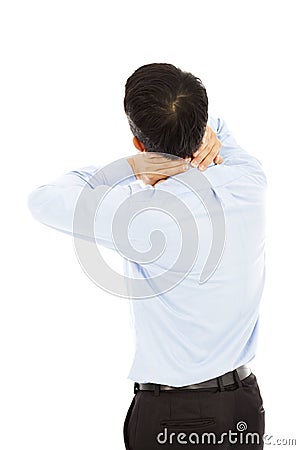 Young man has a pain in the neck Stock Photo