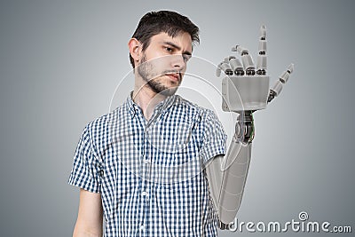 Young man have robotic hand as a replacement for his hand. 3D rendered illustration of hand Cartoon Illustration