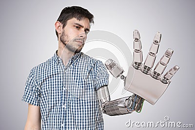 Young man have robotic hand as a replacement for his hand. 3D rendered illustration of hand Cartoon Illustration
