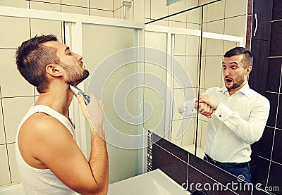 Young man have to hurry Stock Photo