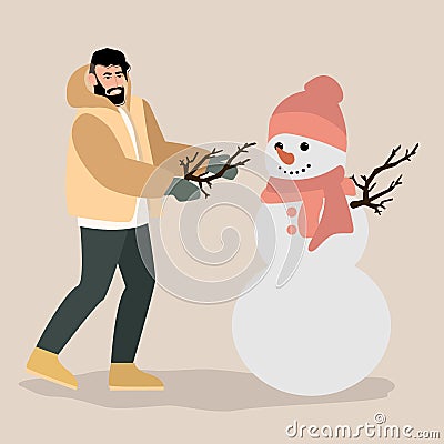 Young man having fun making snowman vector Vector Illustration