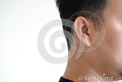 Young man hearing loss sound waves simulation technology Hear Stock Photo