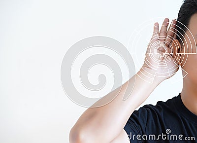 Young man hearing loss sound waves simulation technology Hear Stock Photo