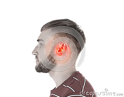 Young man with hearing problem . Black and white tone Stock Photo