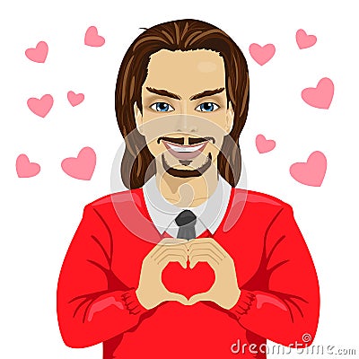 Young man heartthrob making heart shape with his hands on saint valentine day Vector Illustration