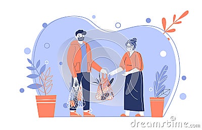 Young man help older woman and bring home food for her. Caring for elderly pensioners during quarantine. Coronavirus Vector Illustration