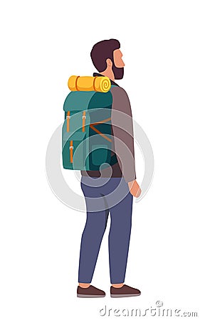 Young man hiking tourist with a backpack. The concept of outdoor activities. Trekking, backpacking. Vector illustration Vector Illustration