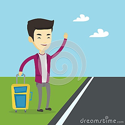 Young man hitchhiking vector illustration. Vector Illustration