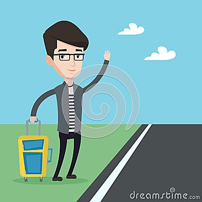 Young man hitchhiking vector illustration. Vector Illustration