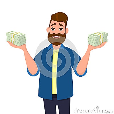 Young man holding bundles of cash, money or currency notes in hYoung man holding bundles of cash, money, currency notes in hands Vector Illustration