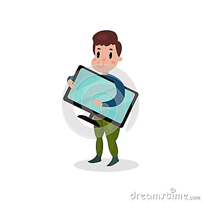 Young man holding computer monitor, harmful habit and addiction cartoon vector Illustration Vector Illustration