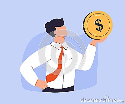 Young man holding a gold coin. Earning money, increasing capital, the pursuit of money, capital gains cash gains concept Vector Illustration