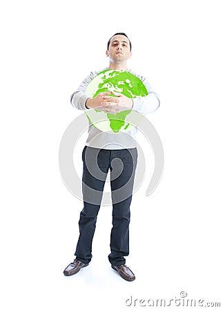 Young man holding green planet earth Stock Photo