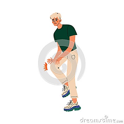 Young Man Holding Hands on His Knee, Guy Feeling Pain in Body Caused By Illness or Injury Vector Illustration Vector Illustration