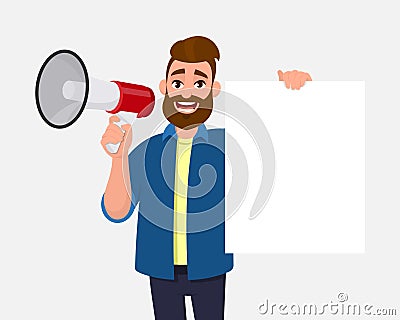 Young man holding a megaphone or loudspeaker & showing/displaying blank, empty white poster, sheet, paper, board. Man advertises. Vector Illustration