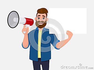 Young man holding a megaphone or loudspeaker & showing/displaying blank, empty white poster, sheet, paper, board. Man advertises. Vector Illustration