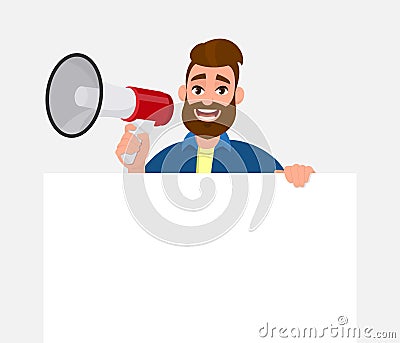 Young man holding a megaphone or loudspeaker & showing/displaying blank, empty white poster, sheet, paper, board. Man advertises. Vector Illustration