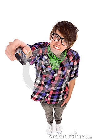 Young man holding remote control Stock Photo