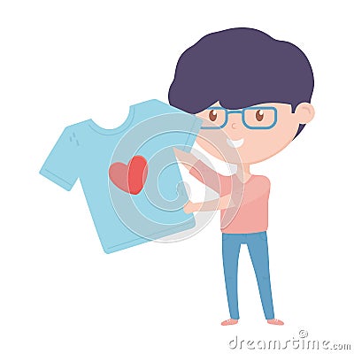 Young man holding shirt love charity and donation Vector Illustration