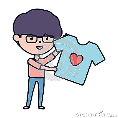 Young man holding shirt love charity and donation Vector Illustration