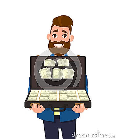 Young man holding or showing a briefcase full of money banknotes. Vector Illustration