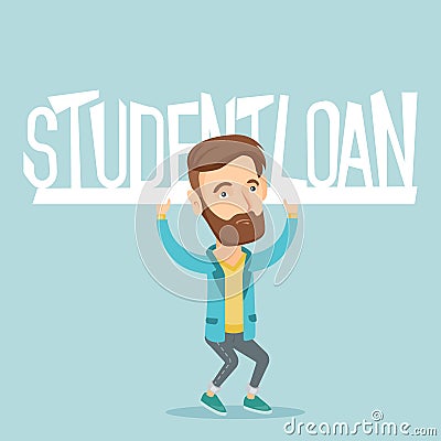 Young man holding sign of student loan. Vector Illustration