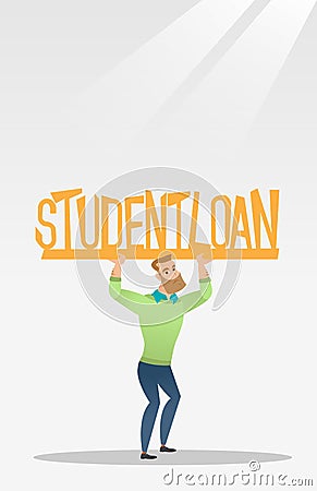 Young man holding sign of student loan. Vector Illustration