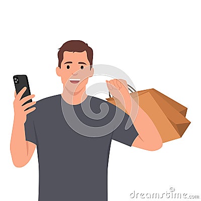 Young man holding smartphone and shopping bag Vector Illustration