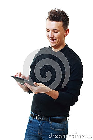 Young Man Holding a Touch Pad Stock Photo