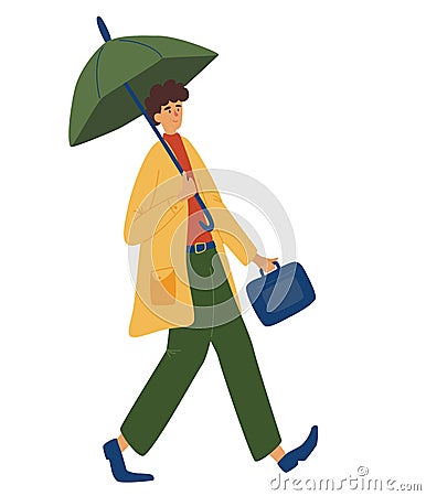 Young man holding an umbrella, walking under the rain. Cheerful businessman in a raincoat returns from work. Autumn fall weather Vector Illustration