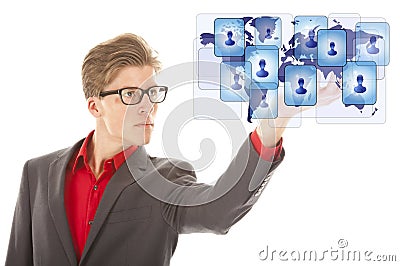 Young man holding virtual friends isolated Stock Photo