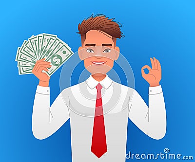 The young man holds dollar bills in his hand and shows the OK sign with his other hand. A handsome man in a white shirt and red Vector Illustration