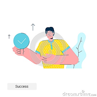 The young man holds in his hand a checkpoint of the work done. Successful work is done. Illustration in a flat style. Cartoon Illustration